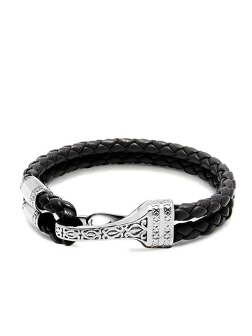 Nialaya Men's Leather Bracelet Men's Black Leather Bracelet with Silver Bali Clasp Lock
